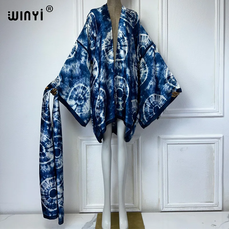 WINYI-quimono estampado com cinto para mulheres, vestido africano boho, moda praia, casaco elegante, roupas sexy de férias, cobertura