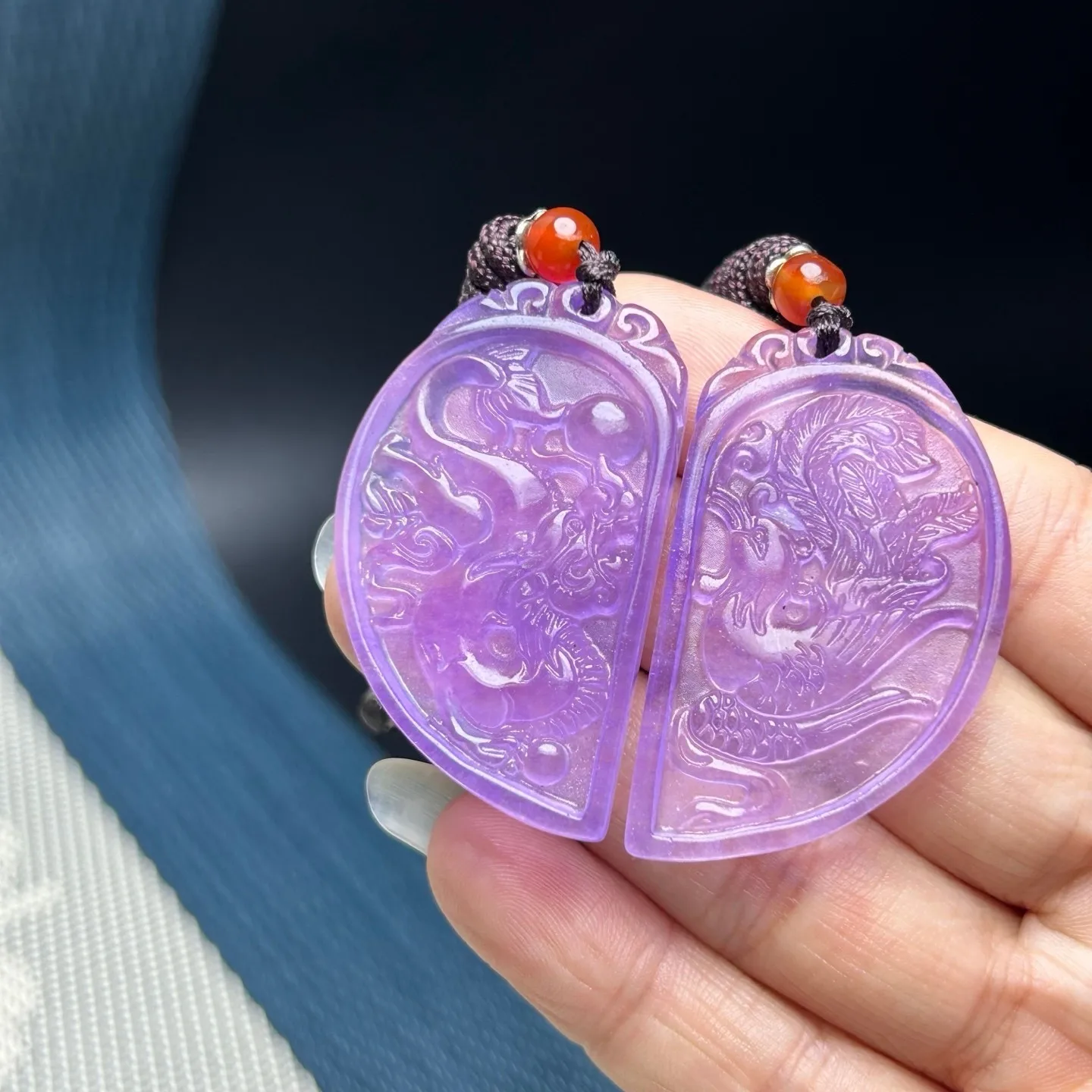 Natural Ice Lavender Burmese Jadeite Hand Carved Dragon Phoenix Pendant Necklace
