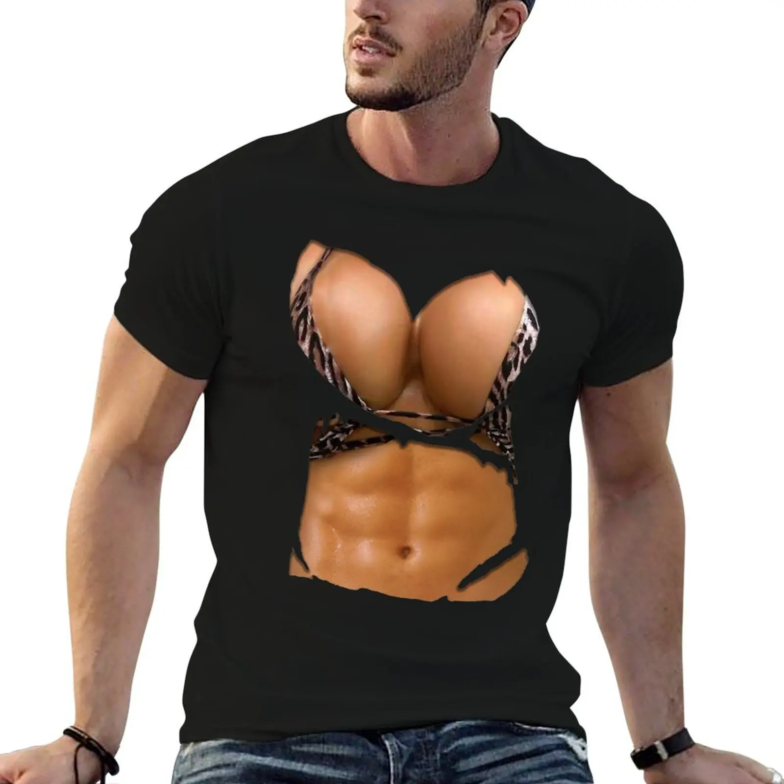 Fake Abs Shirt Bikini Body Muscle Six Pack Fake Big Boobs T-Shirt Outdoor Work Short Sleeve Top