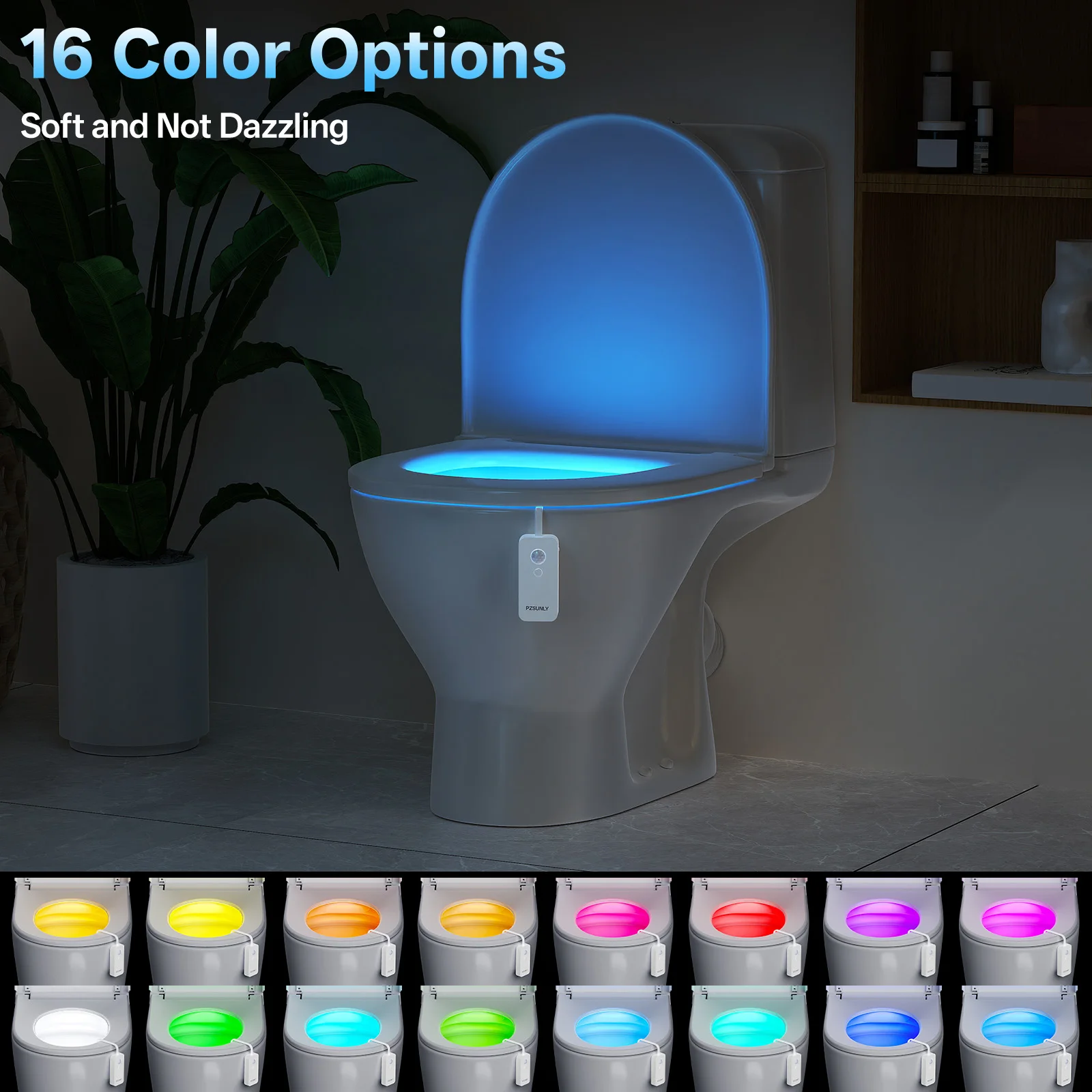 Bild 7: PZSUNLY Bewegungssensor LED Toiletten-Nachtlicht USB Wiederaufladbar 16 RGB IP65 Wasserdicht Biegbares Badezimmer-Ambientlicht Toilettenlampe für Ältere Kinder Familiengeschenk