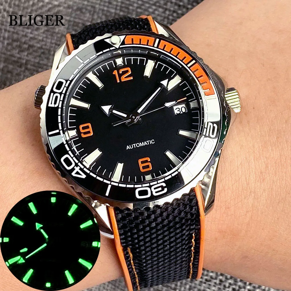 

BLIGER Luxury 41mm NH35A Miyota Automatic Watch Men Sapphire Glass Luminous Black Dial Orange Ceramic Bezel Rubber Strap