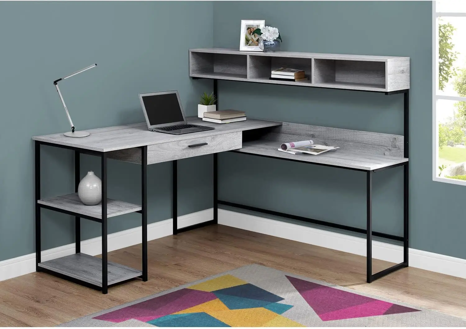 Monarch Specialties Workstation for Home & Office with Multiple Shelves and Drawer L-Shaped Corner Desk with Hutch, 60