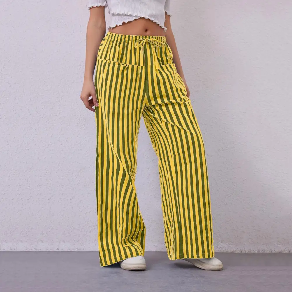 Women Wide-leg Pants Drawstring Pants Women’s Wide Leg Pants with Drawstring Waist Loose Beach Trousers with Pockets Contrast