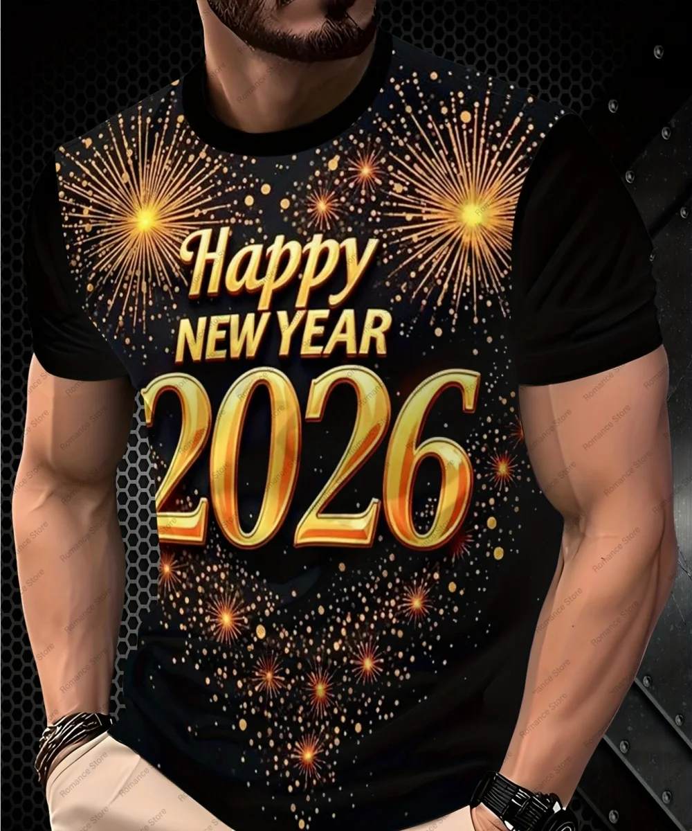 الرجال ثلاثية الأبعاد تي شيرت مطبوع سنة جديدة سعيدة 2026 تصميم الصيف عادية تي شيرت الشارع الشهير اليومية التي شيرت الرجال القمصان النسائية #1