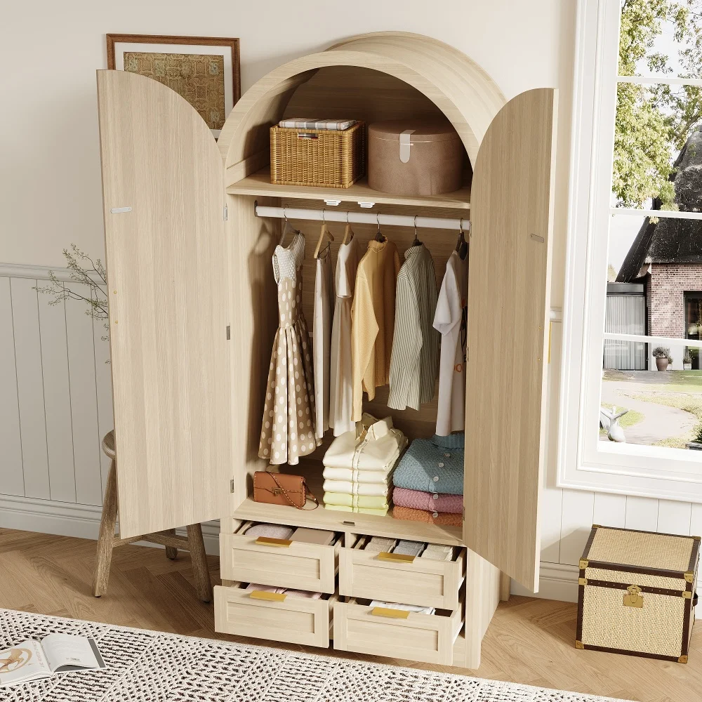 PINGGO Moderner Kleiderschrank mit Gebogenen Türen Großzügiger Stauraum Kleiderstange Schubladen Luxuriös für Schlafzimmer Eingangsbereich – Detail 11