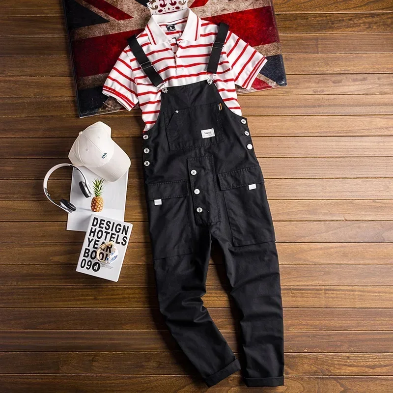 Fashion Men Jumpsuit Bib Pants Solid Color Joggers Pockets Streetwear Loose Cotton Straps Suspender Men's Cargo Overalls Rompers