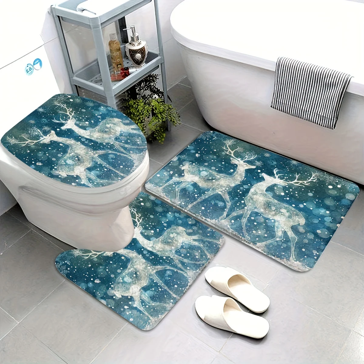 

3 шт., набор ковриков для ванной комнаты с рождественским фэнтези-олень — мягкая фланель, моющийся, U-образный коврик для унитаза и чехол на сиденье, праздничная снежинка