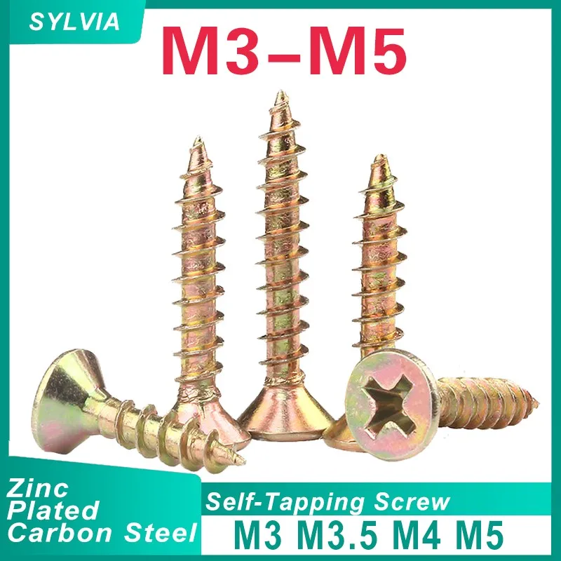 50-300pcs M3 M3.5 M4 m5 Zinc Cross Recessed Countersunk Fiberboard Chipboard Screws Coated Flat Head Self Tapping Wood Screw