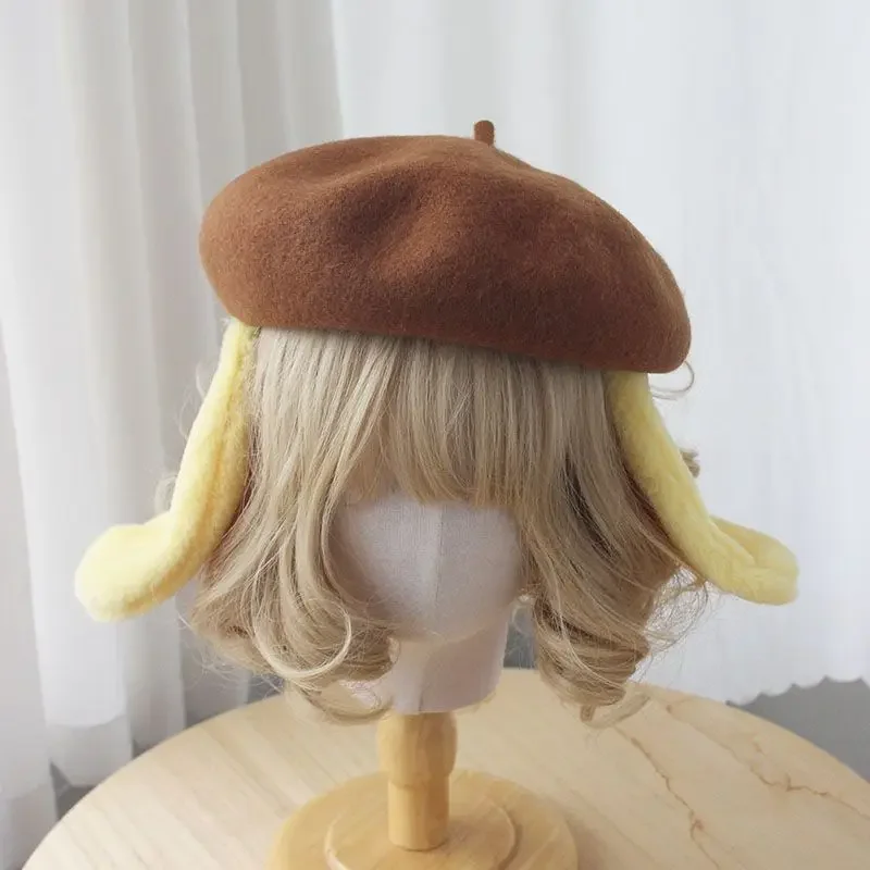 JK Style Artist Hat Kawaii Dog Ears cappello giallo Cute Wool Pudding Dog Beret per le donne ragazze Cosplay pompon accessori