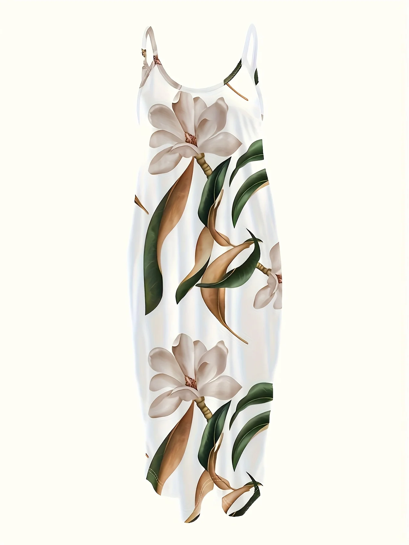 Robe blanche à bretelles Spaghetti pour femmes, imprimé Floral Magnolia réaliste, élégante, romantique, plage, décontractée, été