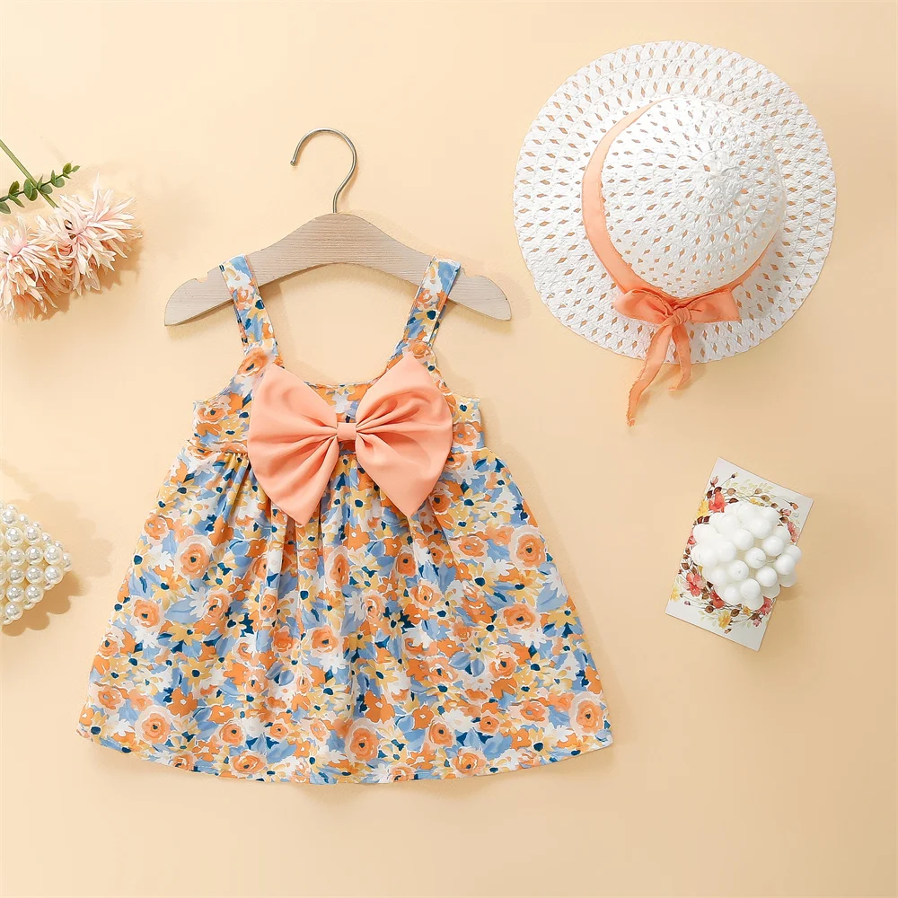Baby Girl Dresses Summer Floral Cotton Suspender Dresses Cute Bow Girls Dresses Beach Dresses With Hats Baby Clothes Girls image 2