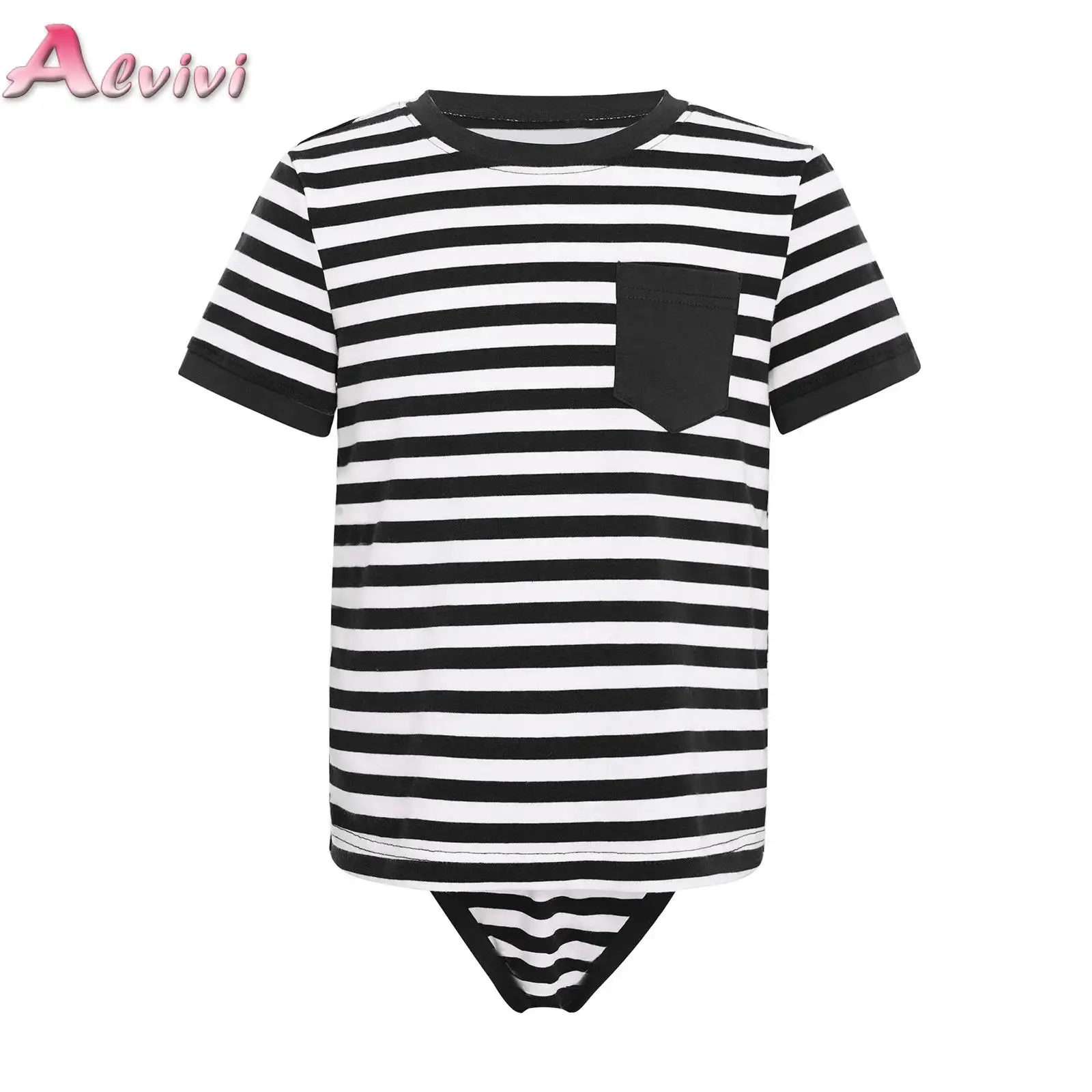 

Kids Boys Girls Special Needs Adaptive Clothing Short Sleeve Press Button Crotch Stripe 2-in-1 T-shirt Style Bodysuit Romper