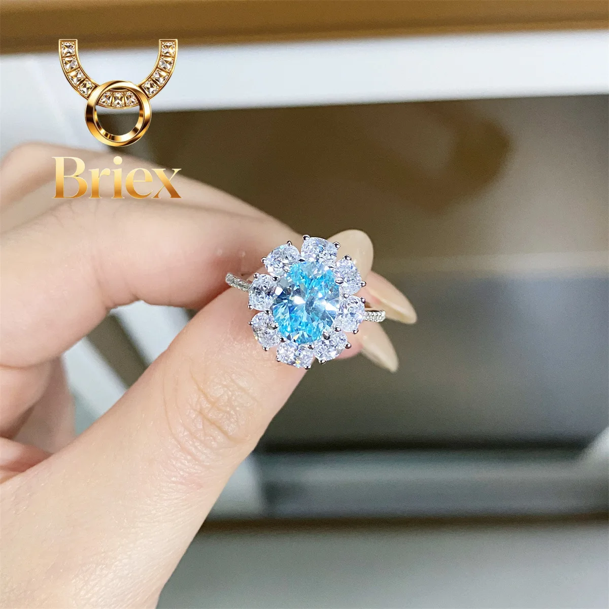 Briex Jewelry Luxury Solid Platinum PT950 3 karat Sky Blue Ring Women's Egg-Shaped Pigeon Egg Diamond Ring Wedding Ring