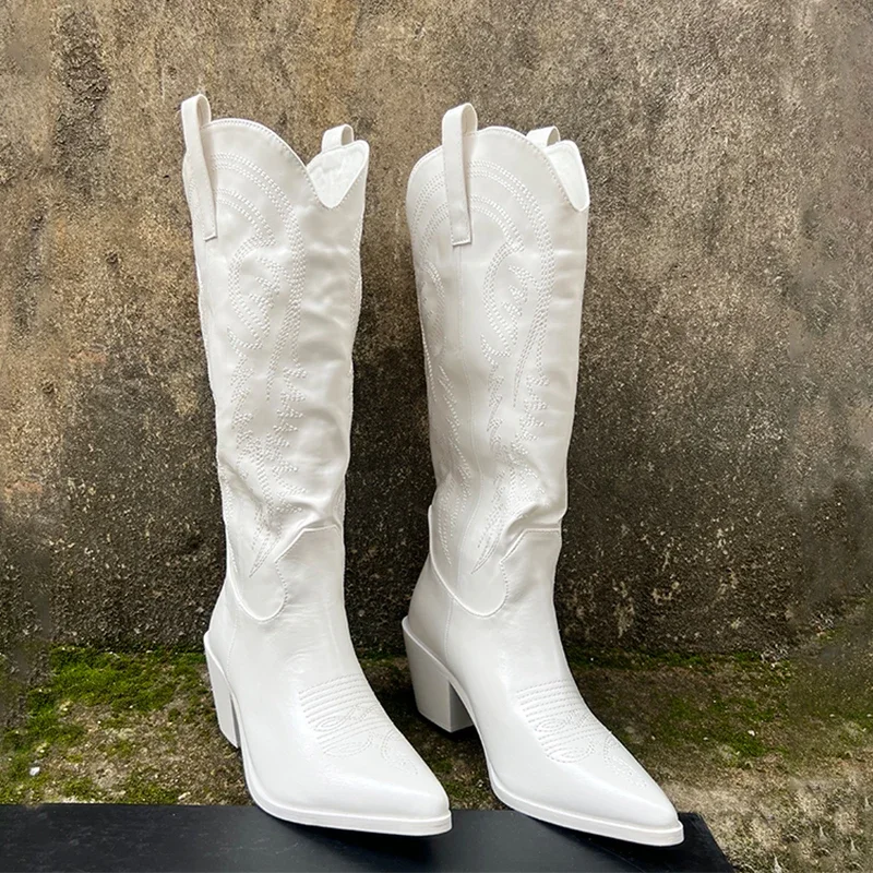 White Embroidered Thick Heel V-Neck Western Cowboy Boots Woman Winter 2025 Pointed Toe Slip-On Mid-Calf Boots Shoes for Women