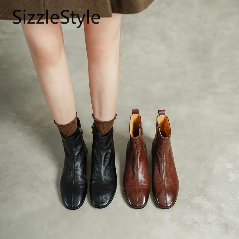 

Stylish Genuine Leather Minimalist Contrast Patchwork Side Zipper Comfortable Chunky Heel Women's Ankle Boots