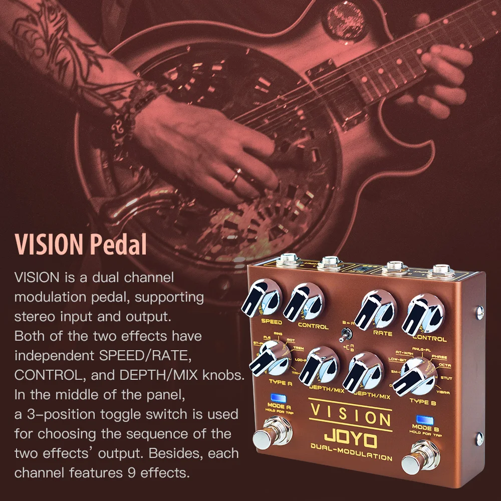 JOYO R-09 VISION Dual Channel Modulation Pedal with 18 Effects 9 per Channel Stereo Series Parallel and Tap Tempo for Guitar