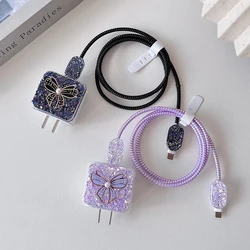 1pc Cute 3D Clear Bowknot Pearl USB Cable Protector Cover For 18W-20W Data Line Bite Head Cord Fast Charging Case