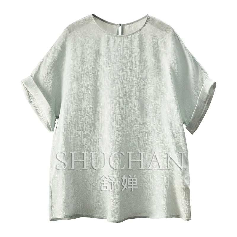 2025 Light Luxury Simple,elegant Bubble Crepe Natural Silk Round Neck Blouse Women  Blusas Femininas Com Frete Gratis