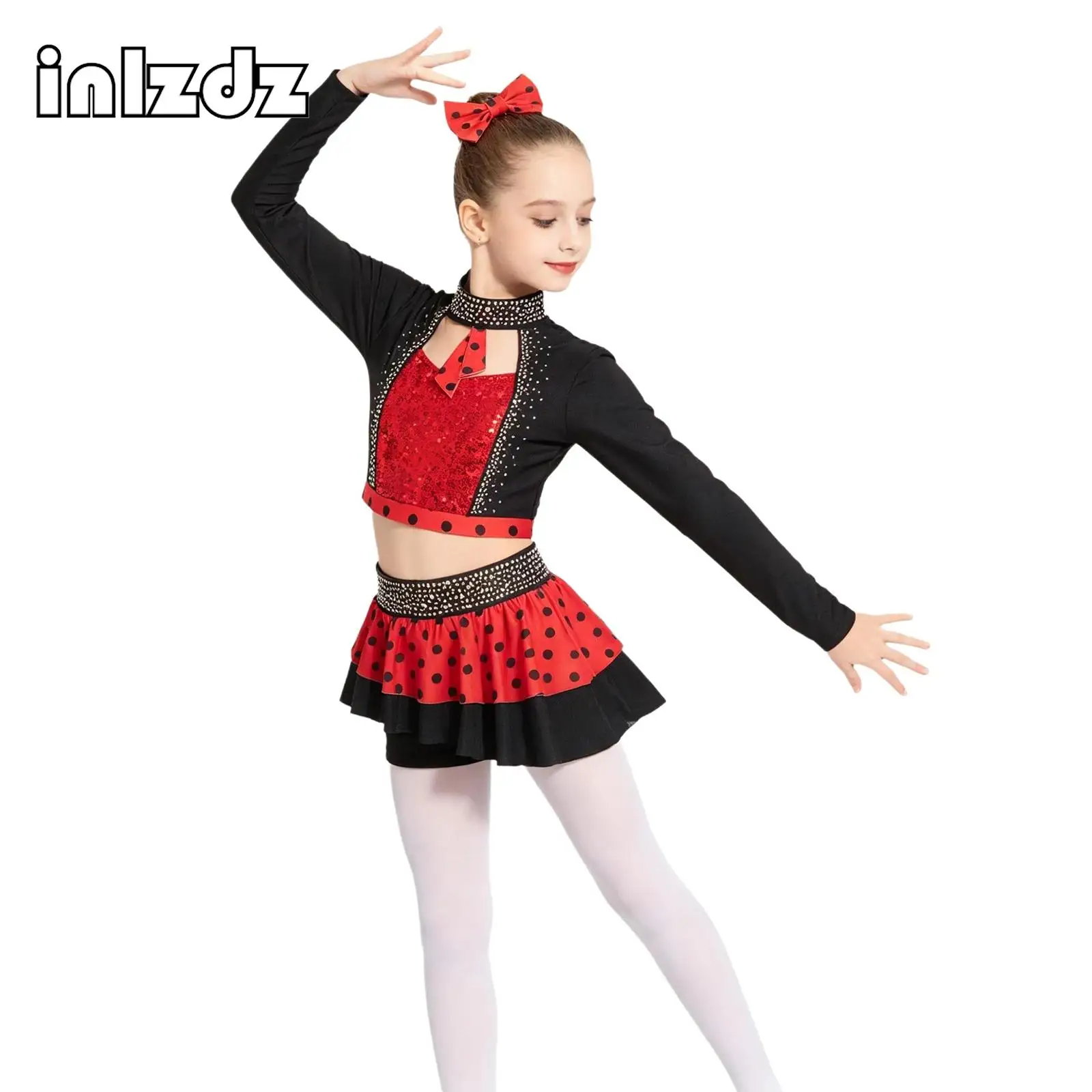Kids Girls Latin Dance Outfit Long Sleeve Crop Top with Skirted Shorts for Ballet Samba Rumba Cha-Cha Jazz Wrar Yoga Sportswear