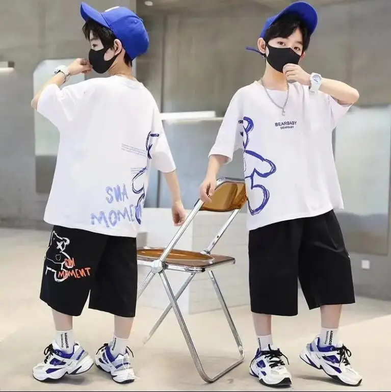2026 new summer boys set Clothes teenager loose bears short sleeve t-shirt + thin shorts pant 4 5 6 8 10 11 12 year tracksuit