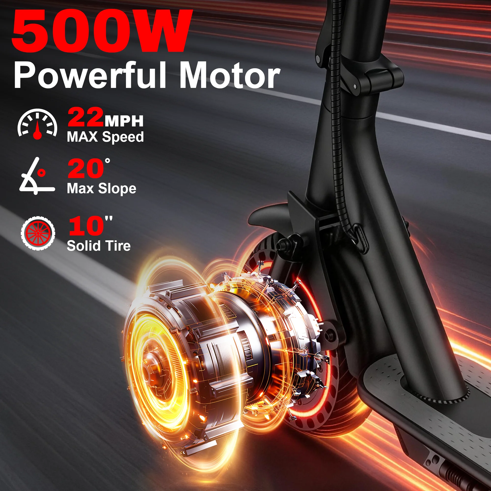 10'' Honeycomb Solid Tire Electric Scooter,500W Powerful Motor,22 MPH Max Speed, 30Miles Range,Foldable E-scooter with Premium Shock Absorption & Dual Braking System, Smart APP Control