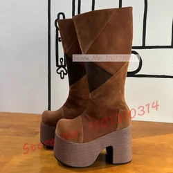 Retro Brown Patchwork Platform Boots Women New In Round Toe Fashion Suede Winter Boots Big Size Lolita Design For Girls Shoes