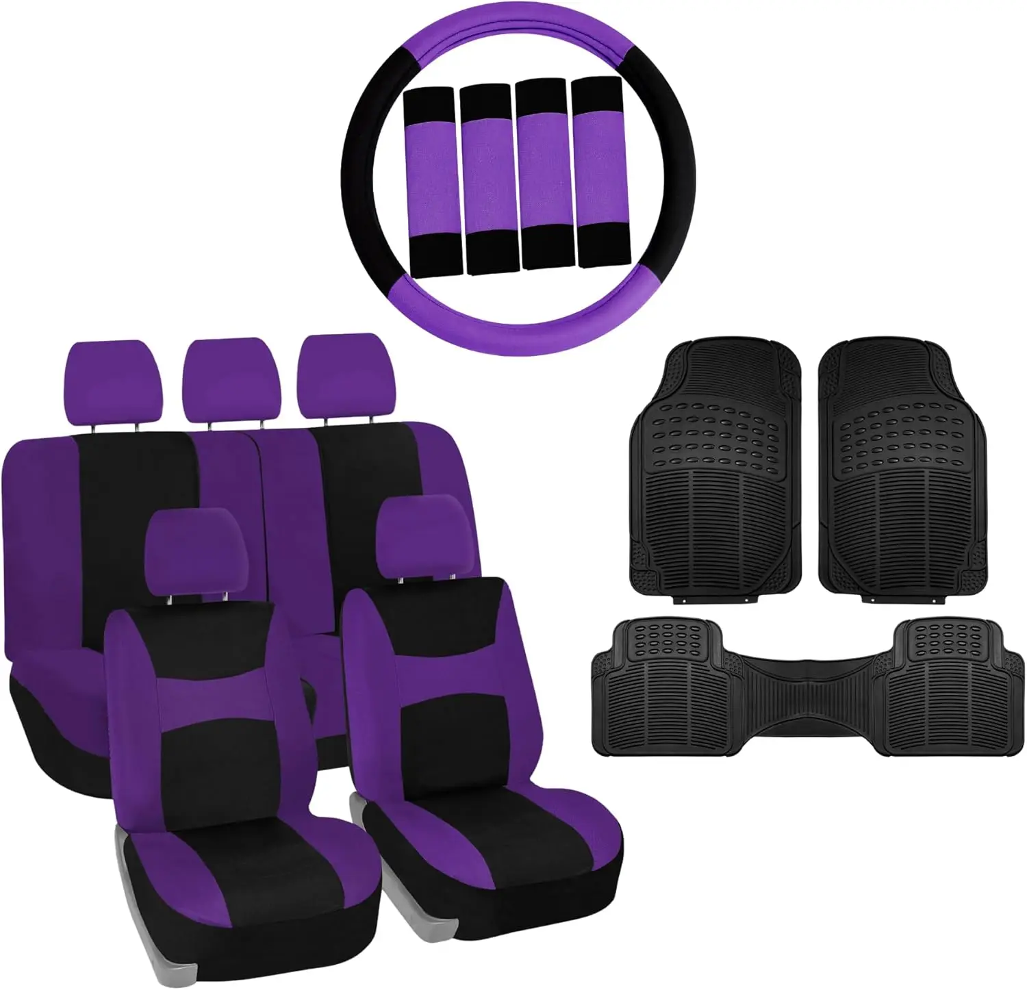 

Universal Car Interior Protection: Light & Breezy Cloth, Purple/Black, Combo with Steering Wheel Cover and Floor Mats