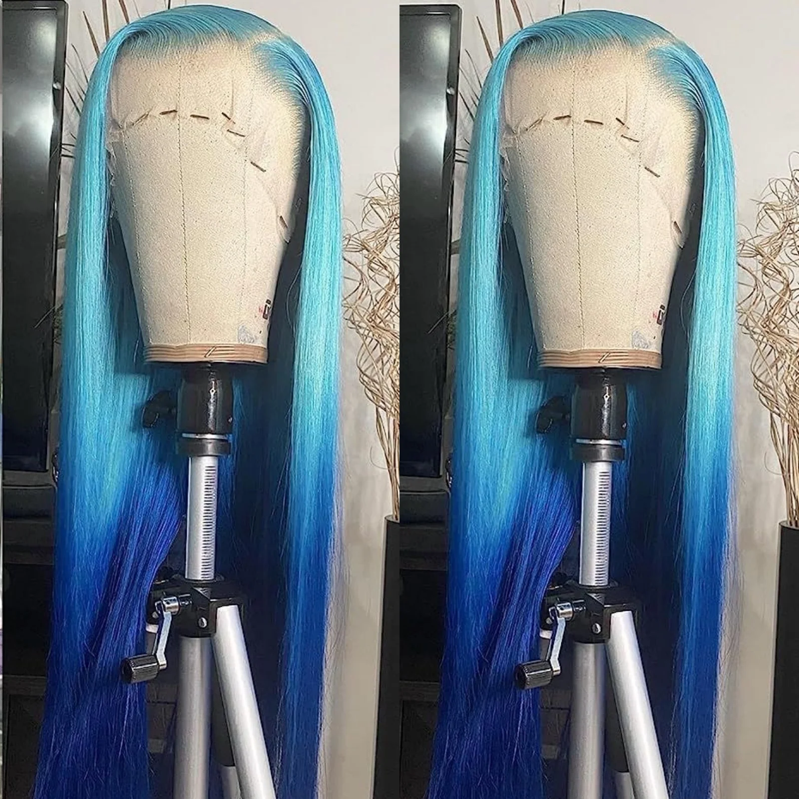 Long Blue Ombre Wig Silky Straight Synthetic Hair Pre Plucked Highlight Blue Gradient Colored 13X4 Lace Front Wigs for Women
