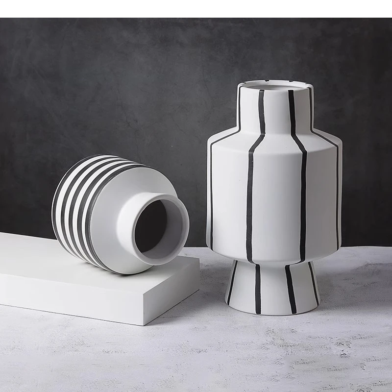 Black and White Striped Ceramic Vase Desktop Ornaments Flower Arrangement Living Room Aesthetic Decoration
