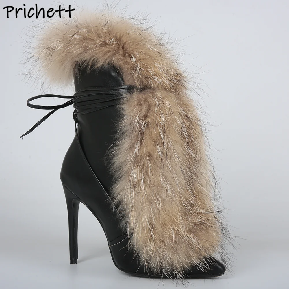 

Furry Black Leather Ankle Boots Thin Heels Lace Up Pointy Toe Thin Heels Ankle Band Black Brown Sexy Shoes Women's Winter Shoes