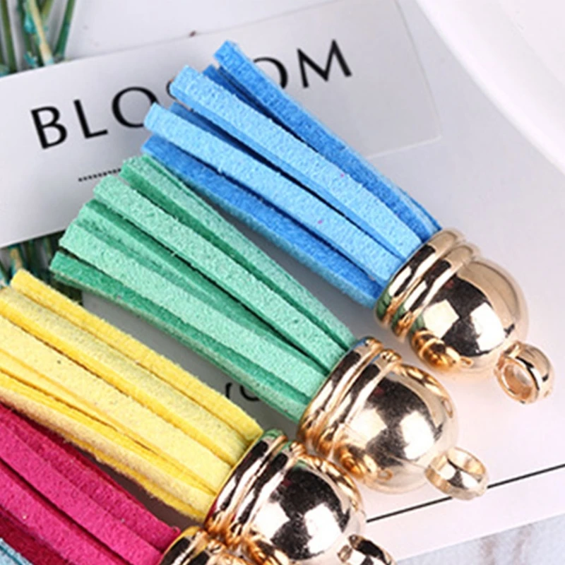 F42F 20 Pcs Multi Colors Faux Suede Leather Tassel Keychain Pendants 4cm Suede Tassels Charms Decorations with Gold CCB Cap