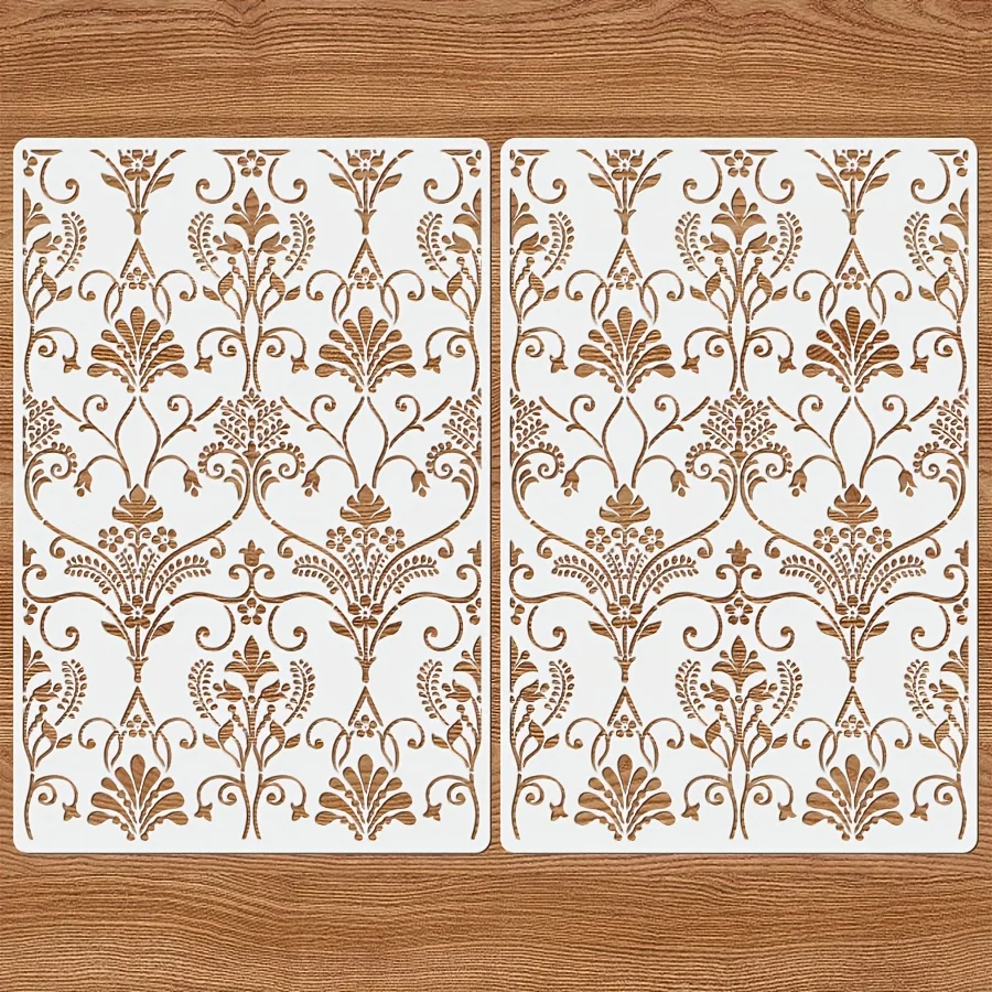 قطعتان من قالب استنسل الحائط الدمشقي الكبير مقاس 11.8 × 17.7 بوصة - نمط رسم قابل لإعادة الاستخدام للأثاث والجدار والديكور بنفسك
