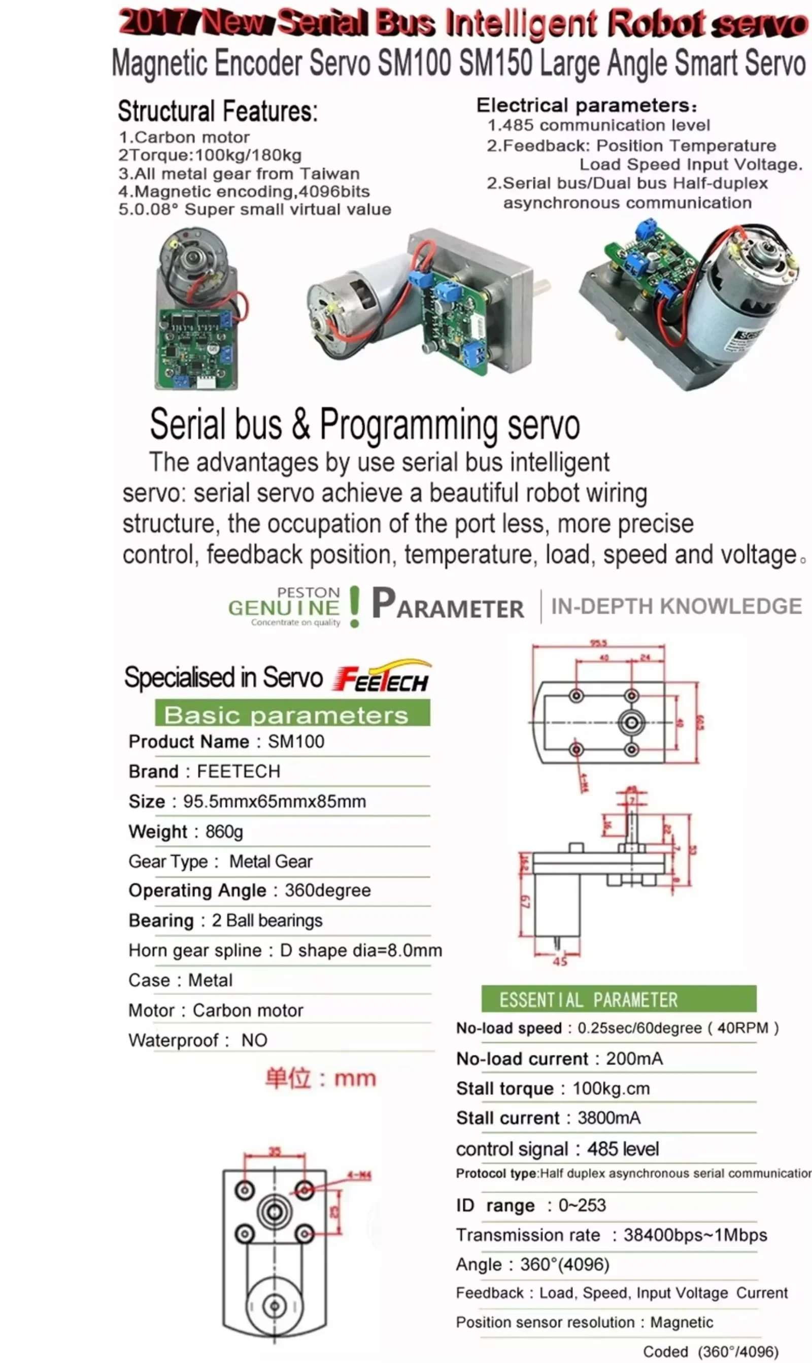 SMS150 180KG high torque servo 12V 485 protocol magnetic encoding servo 360 degree industrial robot large intelligent robot