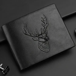 Men's Deer Head Pattern Wallet Classic 3D Embossed Design Make Three-fold Multiple Card Slots Leather Wallet