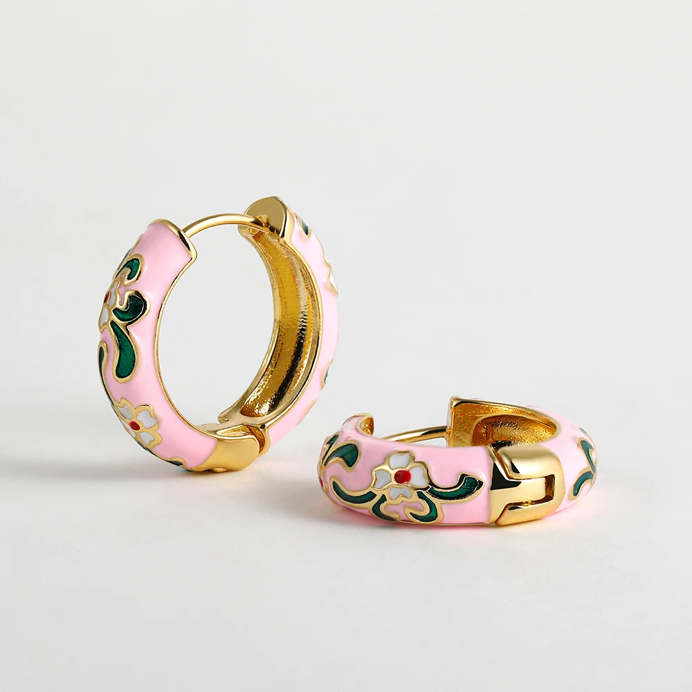 Colorful Enamel Flower Small Hoop Earrings Trendy Geometric Statement Round Circle Huggie Earring Vintage Jewelry Brincos