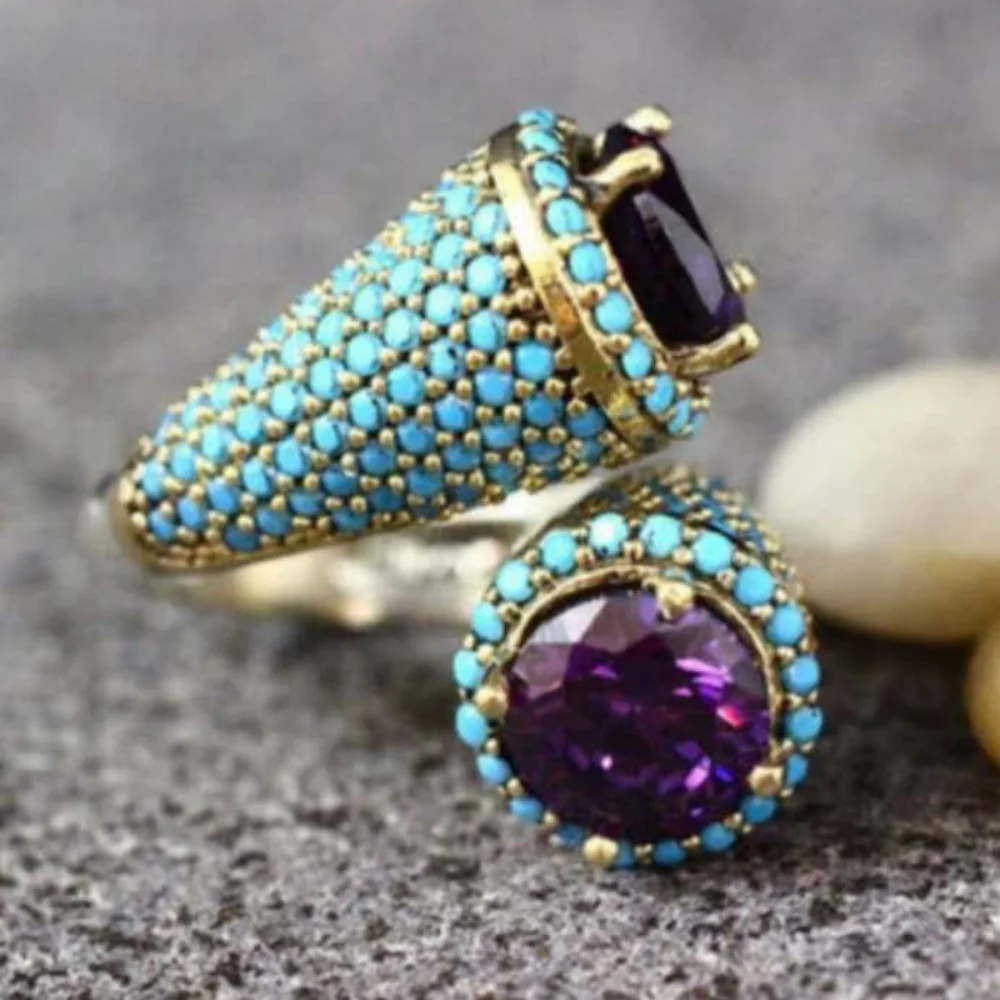 A 14k gold turquoise purple zircon punk ring, couple's holiday gift, purple accessory view 3