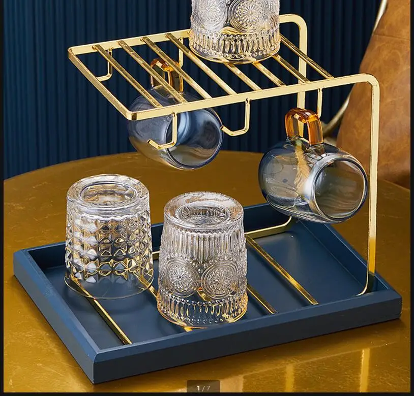

Cup Storage Rack Shelf Metal Holder Double Layer Drain Wooden Tray Home Decorative Racks Tumbler Holders