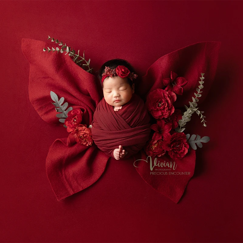 Newborn Photography Props Red Theme Set Butterfly Bow Knot Wrap Backdrop Blanket with Artificial Flowers Set for Baby Photoshoot