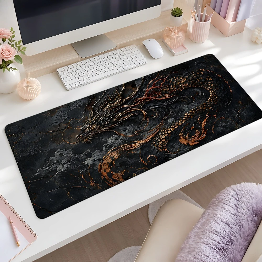 Decorated oriental dragon pattern in black and gold color, featuring a simple base design, suitable for home office decoration.