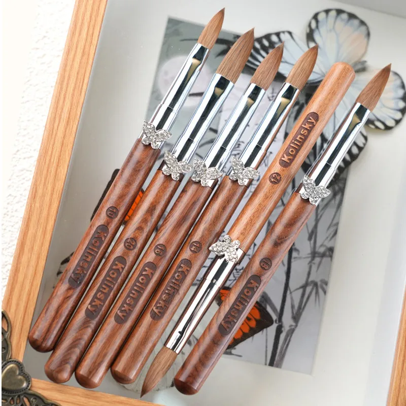 Kolinsky – brosse ronde avec manche en bois, boucle papillon, pour Nail Art, ligne de peinture, stylo, dégradé, plat, rond, outils français, 1 pièce