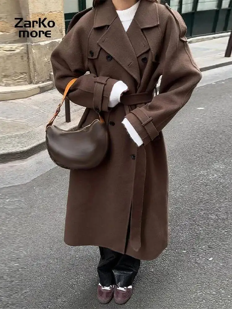 Elegant Grey Belt Long Faux Wollen Coat Women Lapel Double Breasted Street Coats Female 2025 Autumn Winter New Lady Peacoat