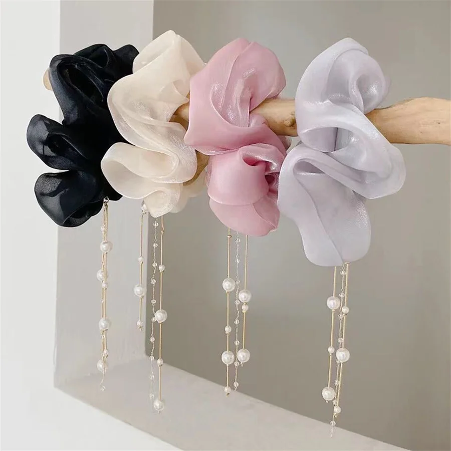 Fashion Chiffon Lady Hair Scarf Scrunchies Elastic Hair Band Rope For Women Girl Pearl tassel Hair Ribbons Hair Accessories Gift