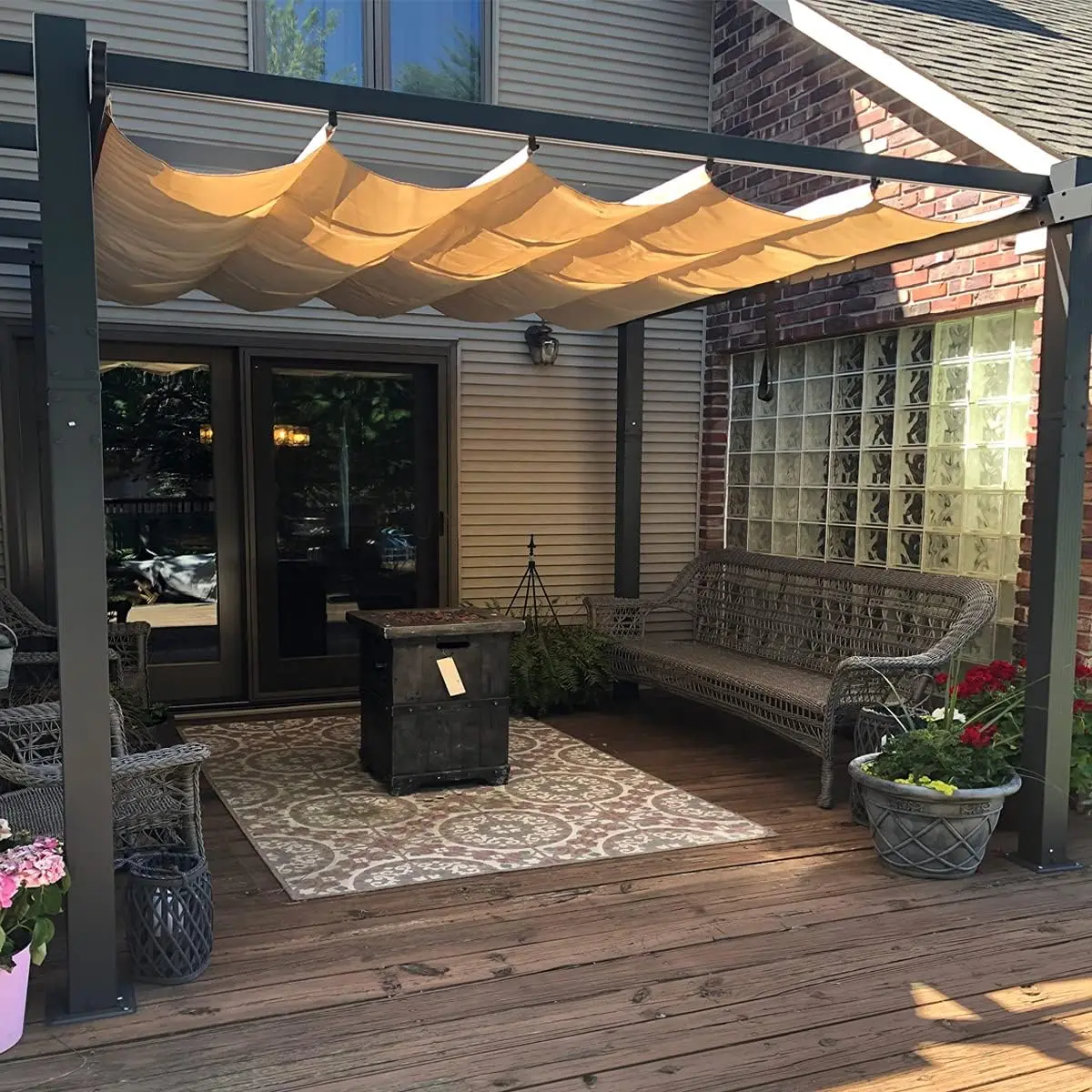 10' X 12' Outdoor Retractable Pergola with Sun Shade Canopy Patio Metal Shelter , Beige