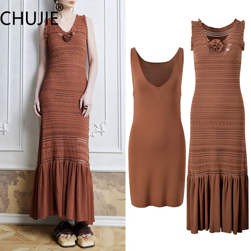 Dames Franse haakkant gebreide jurk 2025 - Bloemuitsparing ontwerp, mouwloze tank met ruches aan de zoom, lente-zomerjurk