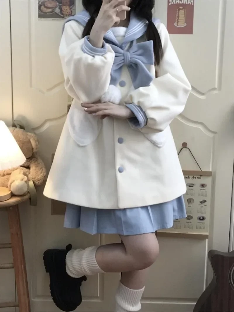 

Куртки с матросским воротником Sweet Bow Mujer 2024, осень-зима, новое утолщенное теплое пальто, женские свободные топы средней длины с длинными рукавами Y2k