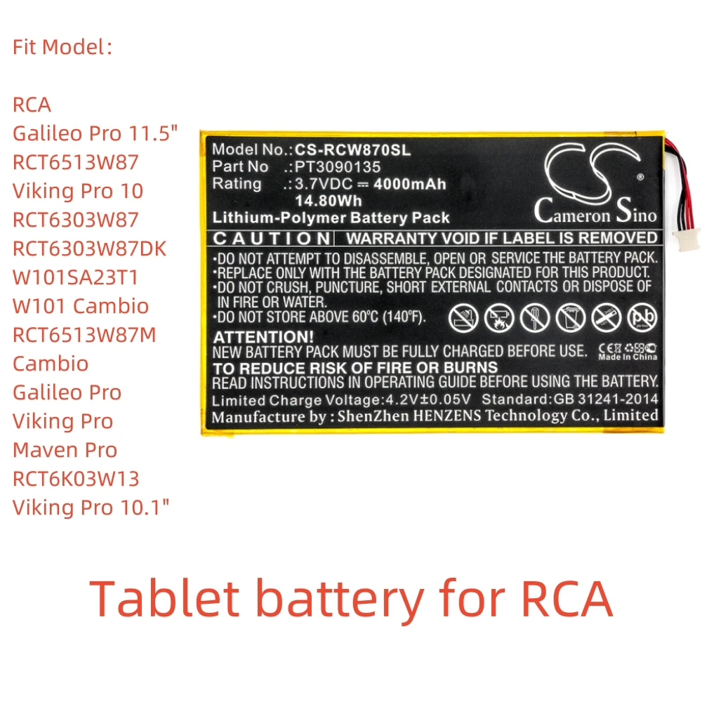 

Li-Polymer Tablet battery for RCA,3.7V,4000mAh,Galileo Pro 11.5" RCT6513W87 Viking Pro 10 W101 Cambio Galileo Pro Maven Pro