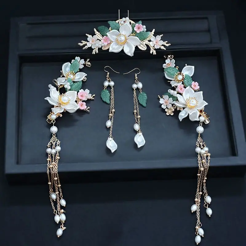Weibliche Chinesische Stil Hanfu Haar Zubehör für Frauen Mädchen Neue Kopfbedeckungen Quasten Perlen Blumen Haar Clip Kopfschmuck 5 Teile/satz – Detail 1