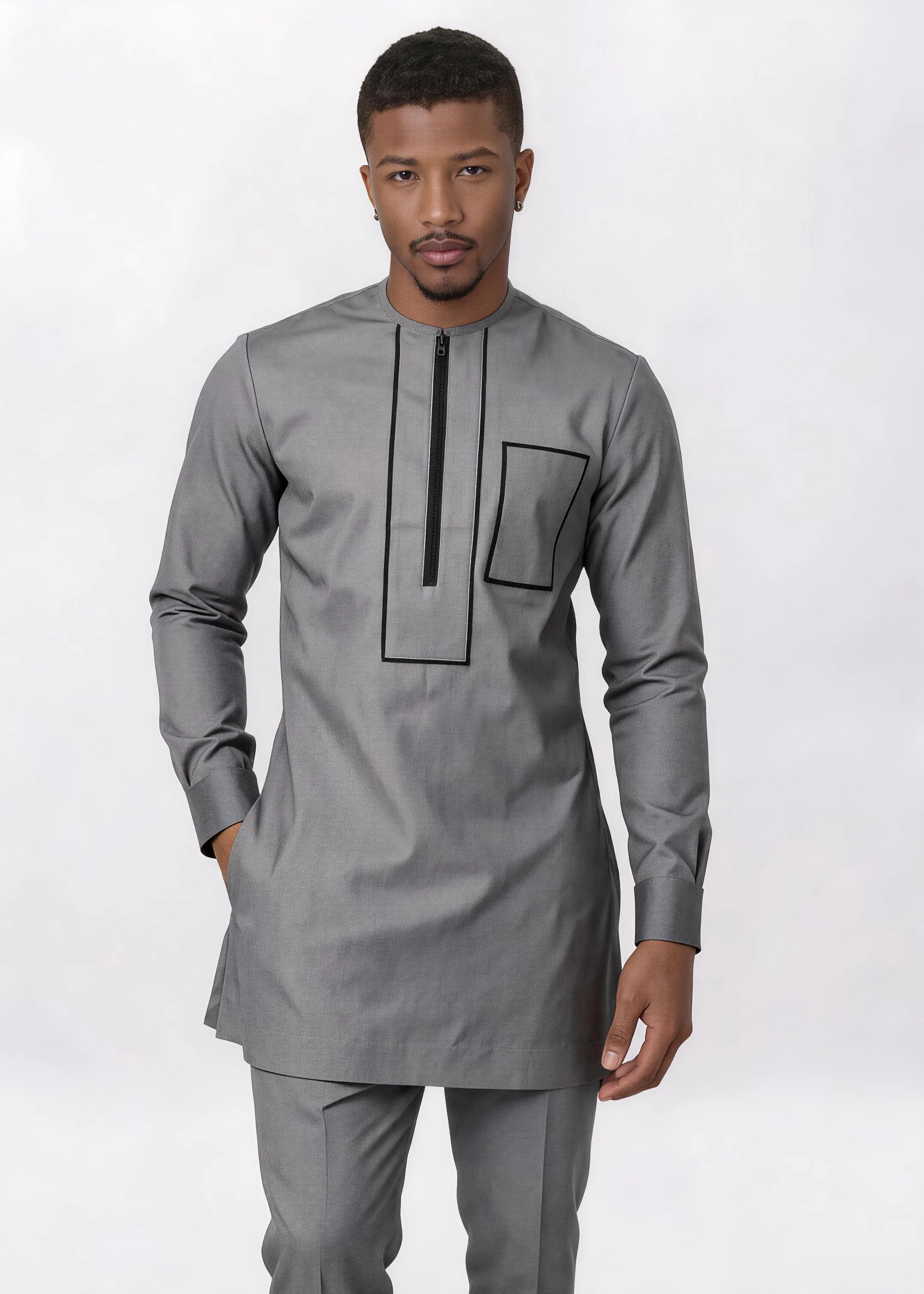 Men African Dashiki 2‑Piece Outfit, Zip‑Front Contrast Trim Long Sleeve Tunic Top & Matching Pants, Formal Wedding Party Suit