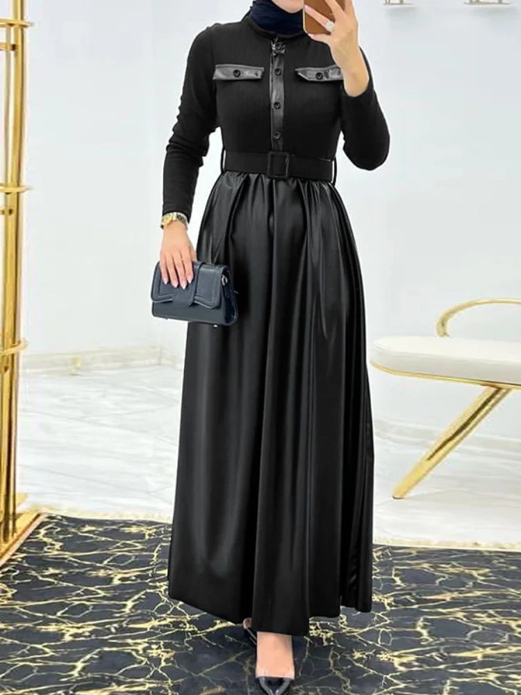 Eid Muslim Abayas for Women Dress Belt Lace-up PU Leather Long Dresses Dubai Long Robe Party Dress Vestidos Abaya Vestidos 2024