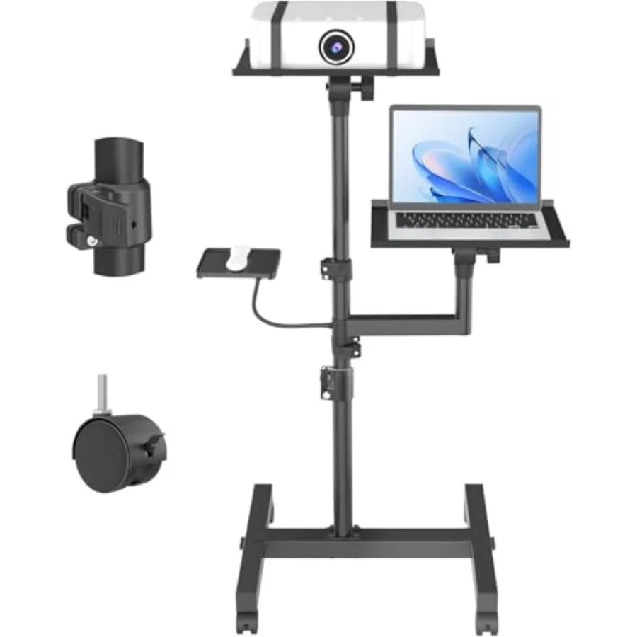 

2 Shelves Mobile Projector Stand, Rolling Laptop Stand Adjustable Height to 47 Inches, Podium Stands with Ventilated Tray, Heav